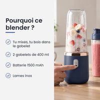 Pourquoi choisir ce blender : tu mixes, tu bois dans le gobelet, 2 gobelets de 400 ml, batterie 1500 mAh, lames inox
