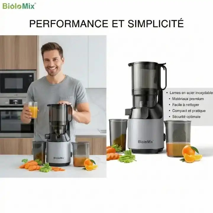 Hachoir extracteur de jus BioloMix avec chute 130mm et filtration triple — vue latérale