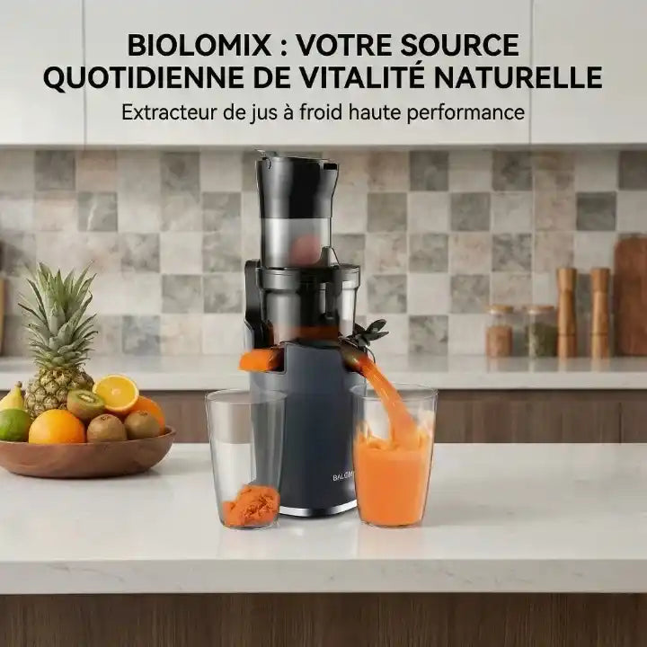 Hachoir extracteur de jus BioloMix à presse à froid avec chute 78mm en action - Préparation culinaire rapide