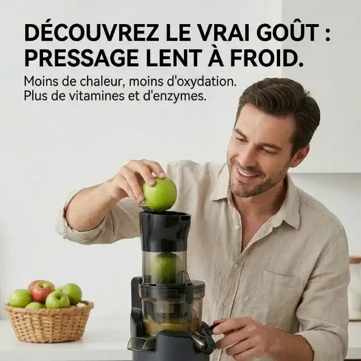Hachoir extracteur de jus BioloMix à presse à froid avec chute 78mm — vue latérale