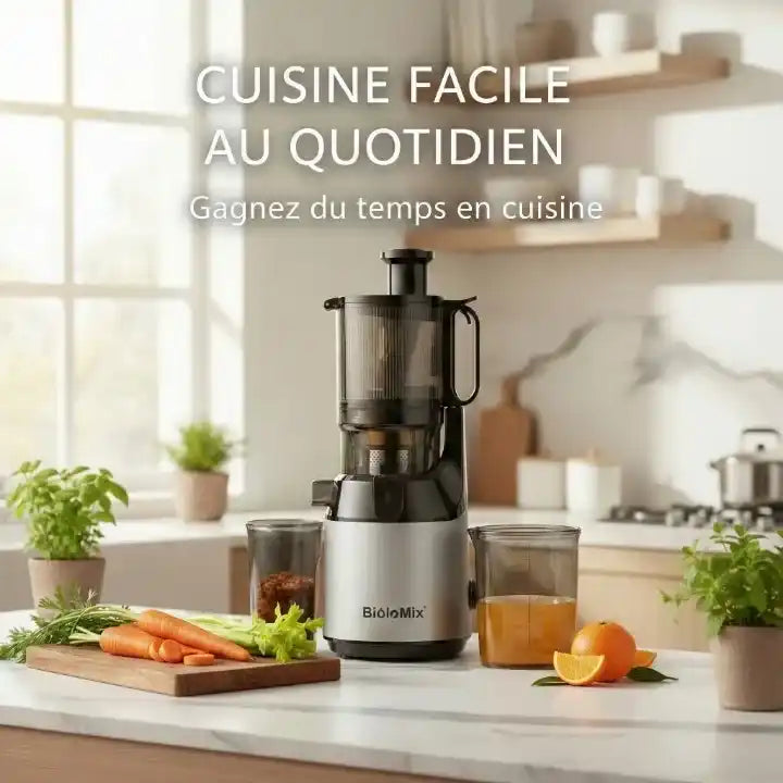Hachoir extracteur de jus BioloMix avec chute 130mm et filtration triple — accessoires inclus