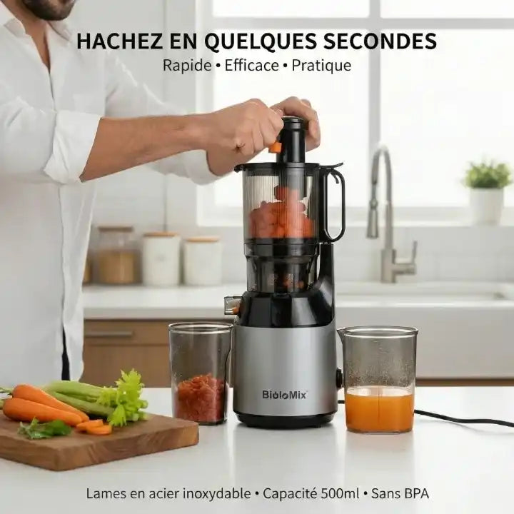 Hachoir extracteur de jus BioloMix avec chute 130mm et filtration triple — vue arrière