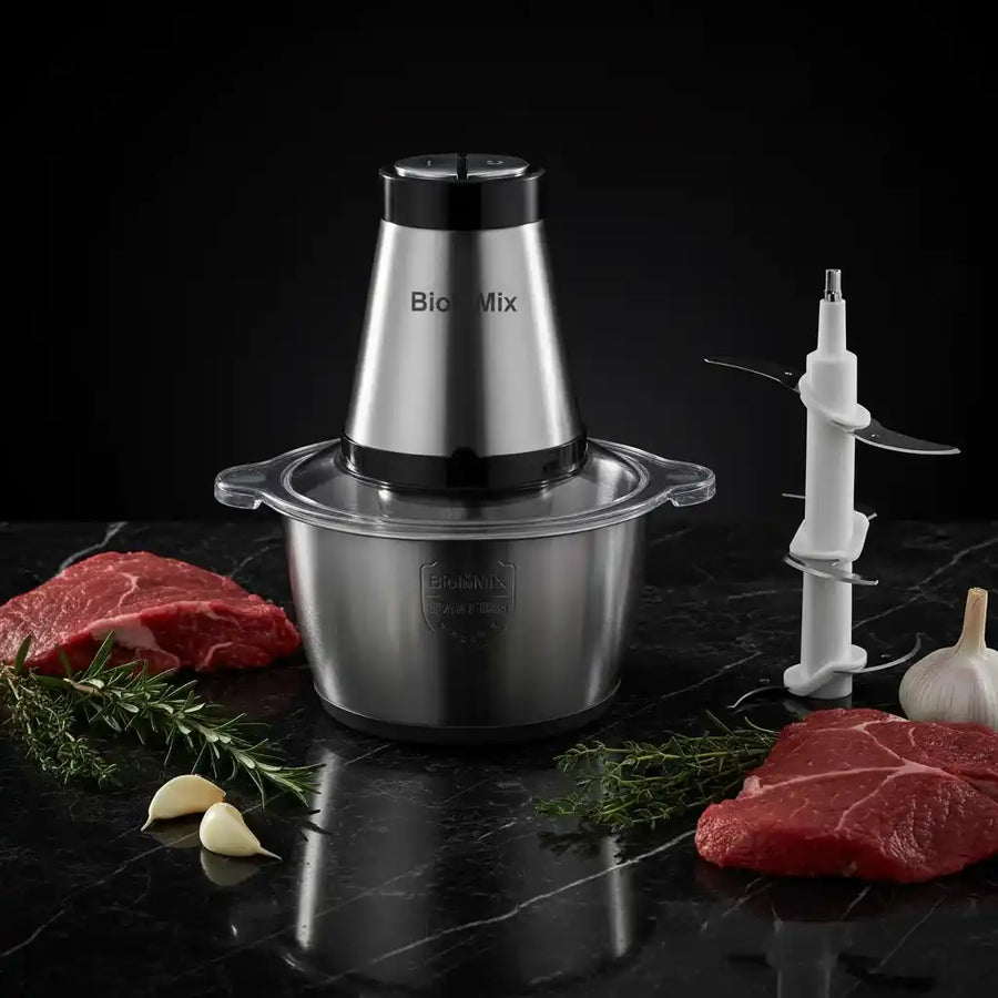 Hachoir électrique inox 500W bol 2L Biolomix avec lame suplémentaire — vue principale