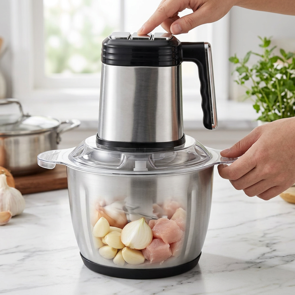 Hachoir électrique inox 3 L, 3 vitesses, verrou de sécurité, en cours d'utilisation