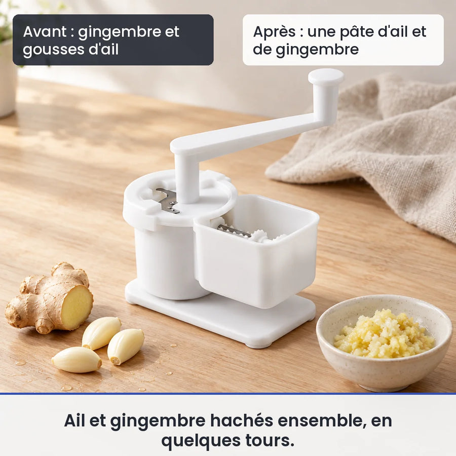 Avant/après avec le hachoir légume manuel rotatif : gingembre et gousses d'ail, puis une pâte d'ail et de gingembre