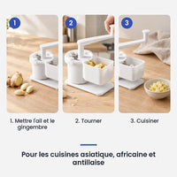 Comment utiliser le hachoir légume manuel rotatif en 3 étapes : mettre l'ail et le gingembre, tourner, cuisiner