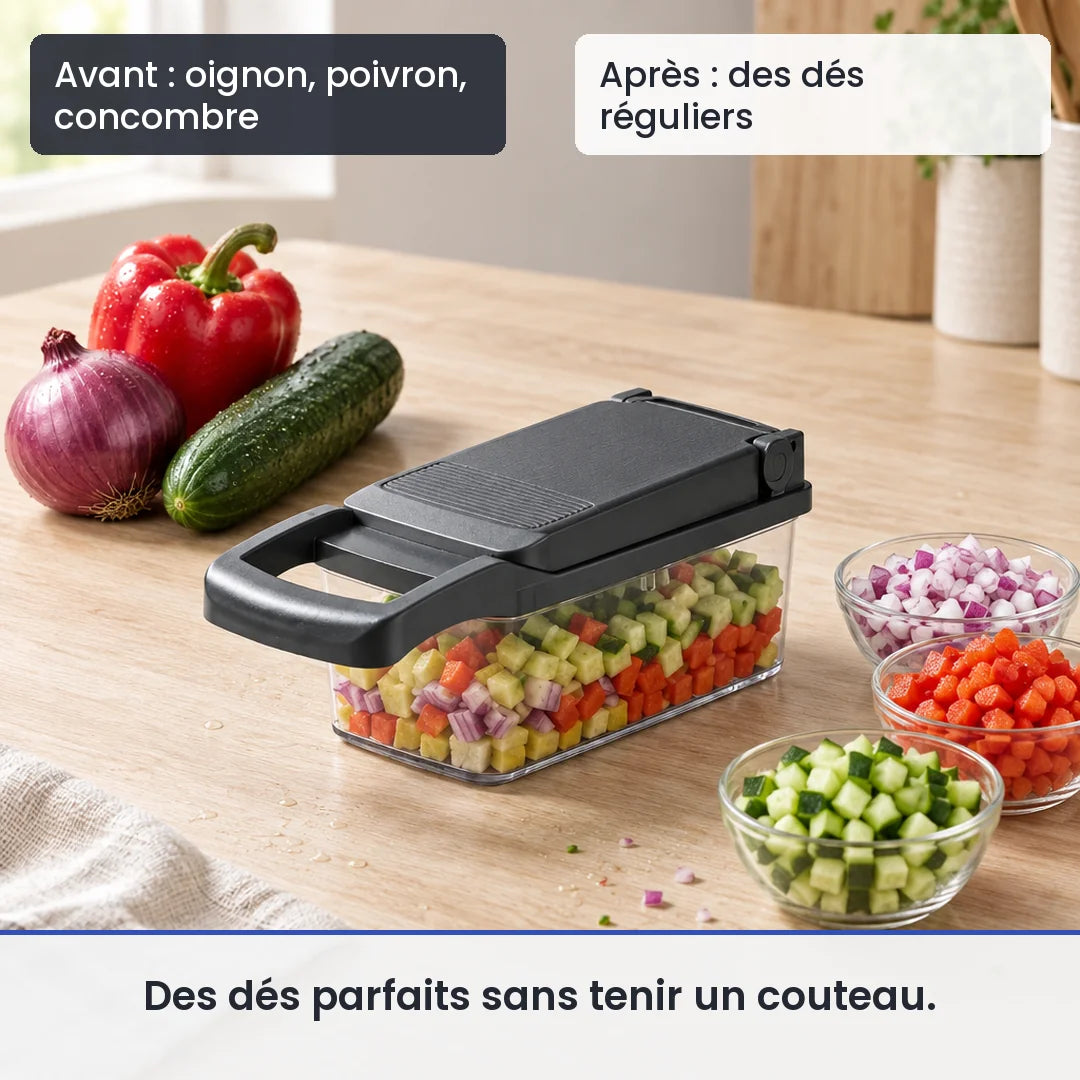 Avant/après avec le hachoir légume multifonction 12 en 1 gris lames inox : oignon, poivron, concombre, puis des dés réguliers