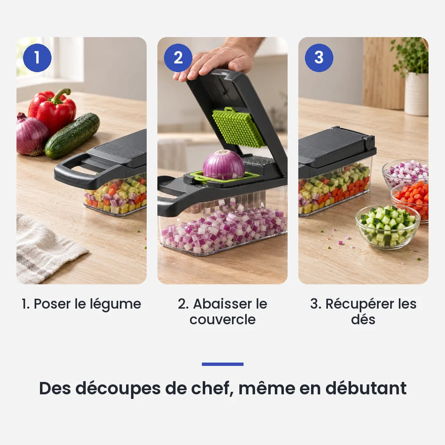 Comment utiliser le hachoir légume multifonction 12 en 1 gris lames inox en 3 étapes : poser le légume, abaisser le