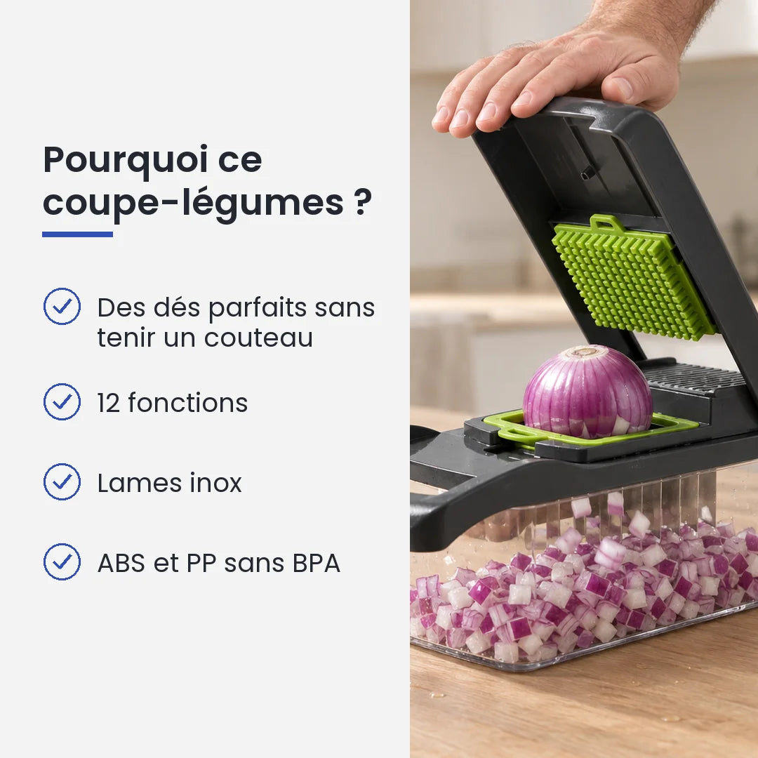Pourquoi choisir ce coupe-légumes : des dés parfaits sans tenir un couteau, 12 fonctions, lames inox, aBS et PP sans BPA