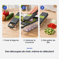 Comment utiliser le hachoir légume multifonction 14 en 1 gris lames inox en 3 étapes : poser le légume, abaisser le