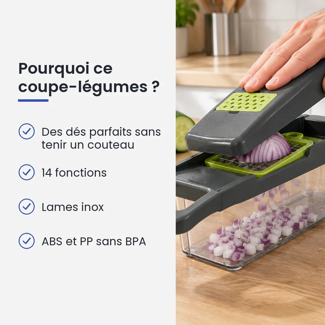 Pourquoi choisir ce coupe-légumes : des dés parfaits sans tenir un couteau, 14 fonctions, lames inox, aBS et PP sans BPA
