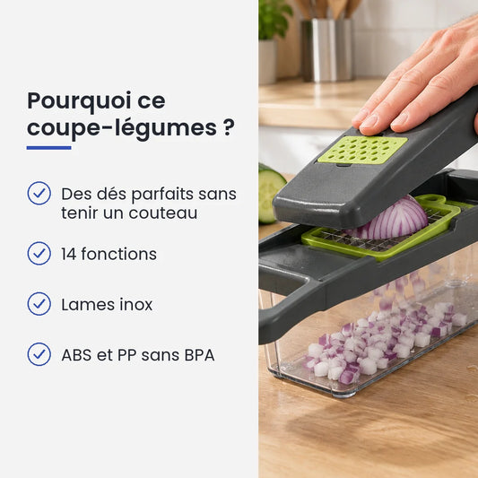 Pourquoi choisir ce coupe-légumes : des dés parfaits sans tenir un couteau, 14 fonctions, lames inox, aBS et PP sans BPA