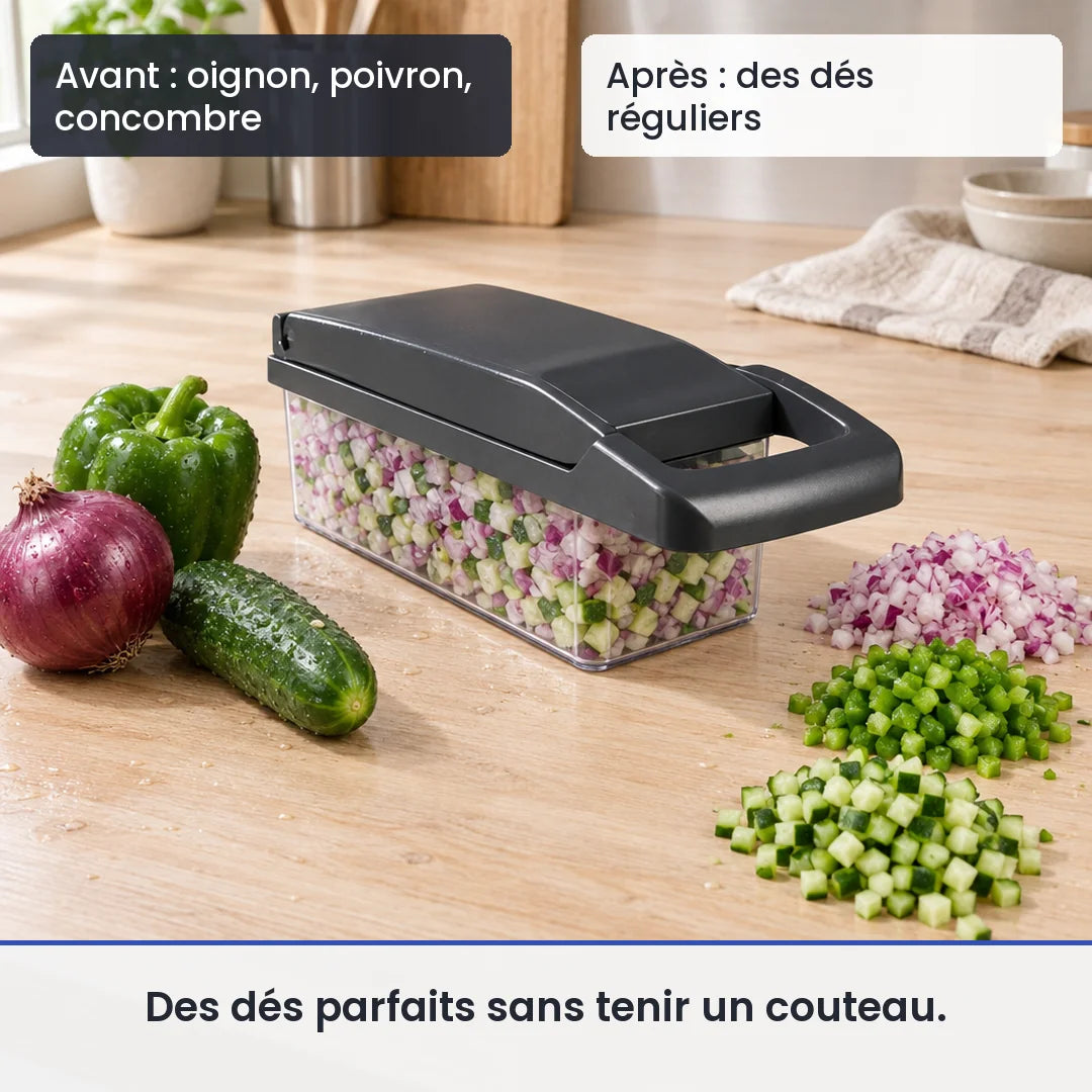 Avant/après avec le hachoir légume multifonction 16 en 1 gris lames inox : oignon, poivron, concombre, puis des dés réguliers
