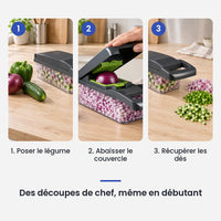 Comment utiliser le hachoir légume multifonction 16 en 1 gris lames inox en 3 étapes : poser le légume, abaisser le