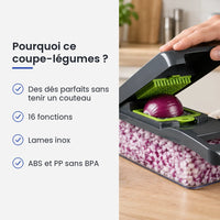 Pourquoi choisir ce coupe-légumes : des dés parfaits sans tenir un couteau, 16 fonctions, lames inox, aBS et PP sans BPA