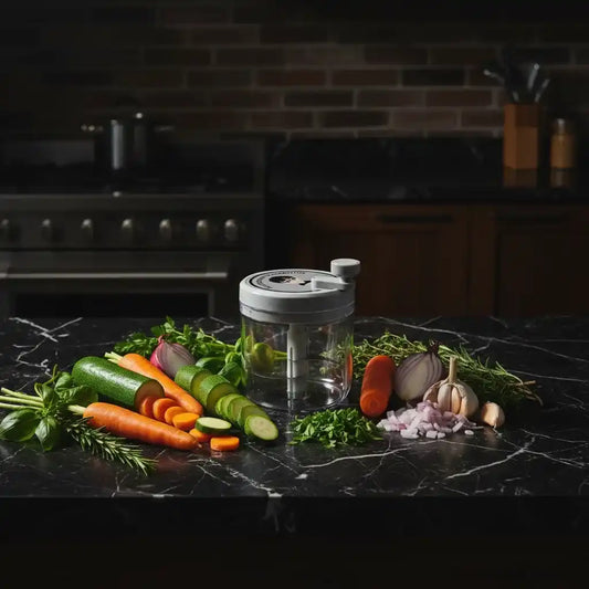 Hachoir manuel 400ml gris sur marbre noir entouré de légumes frais colorés — carottes, courgettes, oignons, ail et herbes vertes — éclairage cinématographique dramatique