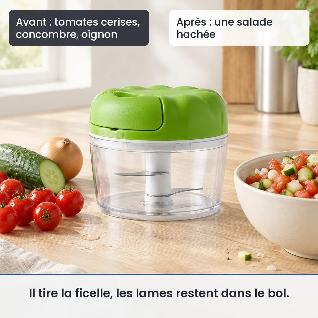 Avant/après avec le hachoir manuel à ficelle vert compact : tomates cerises, concombre, oignon, puis une salade hachée