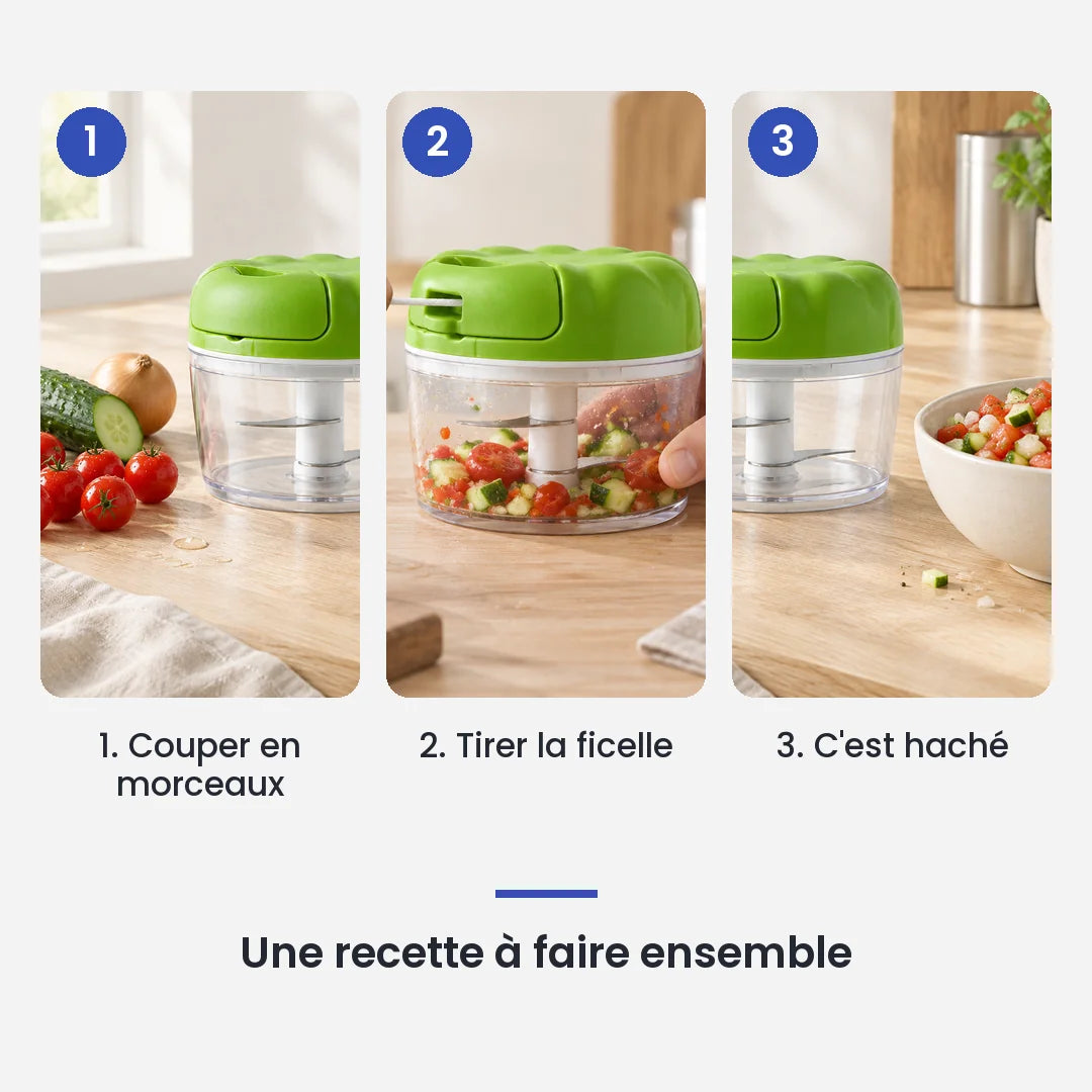 Comment utiliser le hachoir manuel à ficelle vert compact en 3 étapes : couper en morceaux, tirer la ficelle, c'est haché