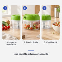 Comment utiliser le hachoir manuel à ficelle vert compact en 3 étapes : couper en morceaux, tirer la ficelle, c'est haché