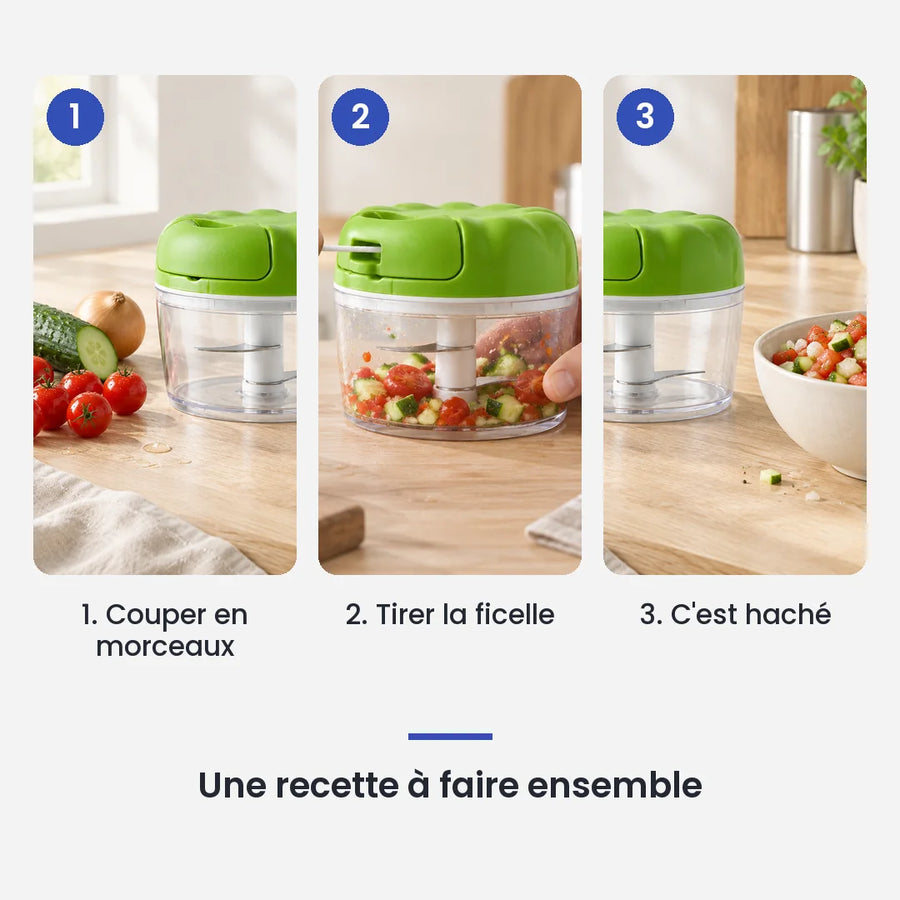 Comment utiliser le hachoir manuel à ficelle vert compact en 3 étapes : couper en morceaux, tirer la ficelle, c'est haché