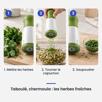 Comment utiliser le hachoir manuel en acier inoxydable en 3 étapes : mettre les herbes, tourner le capuchon, saupoudrer