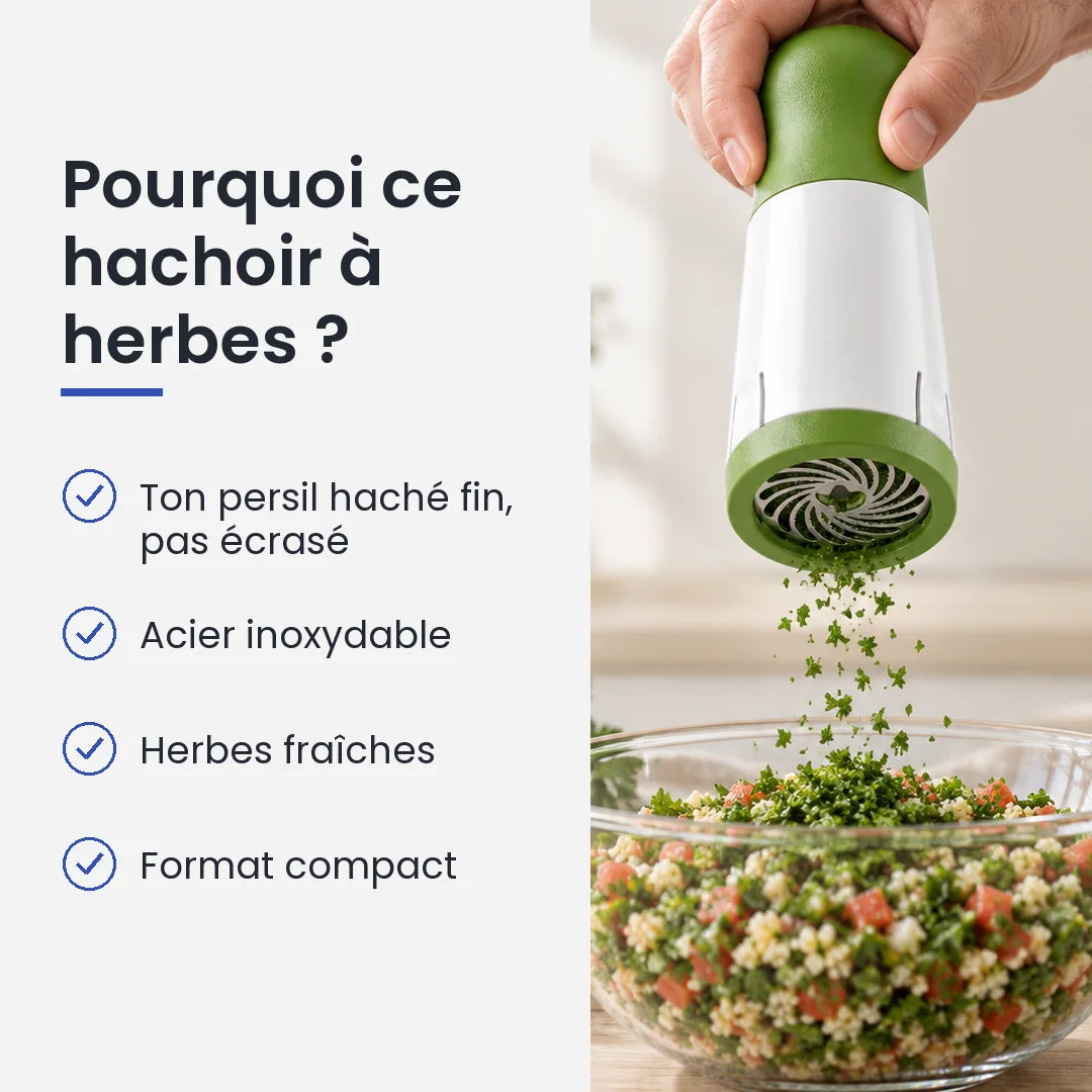 Pourquoi choisir ce hachoir à herbes : ton persil haché fin, pas écrasé, acier inoxydable, herbes fraîches, format compact