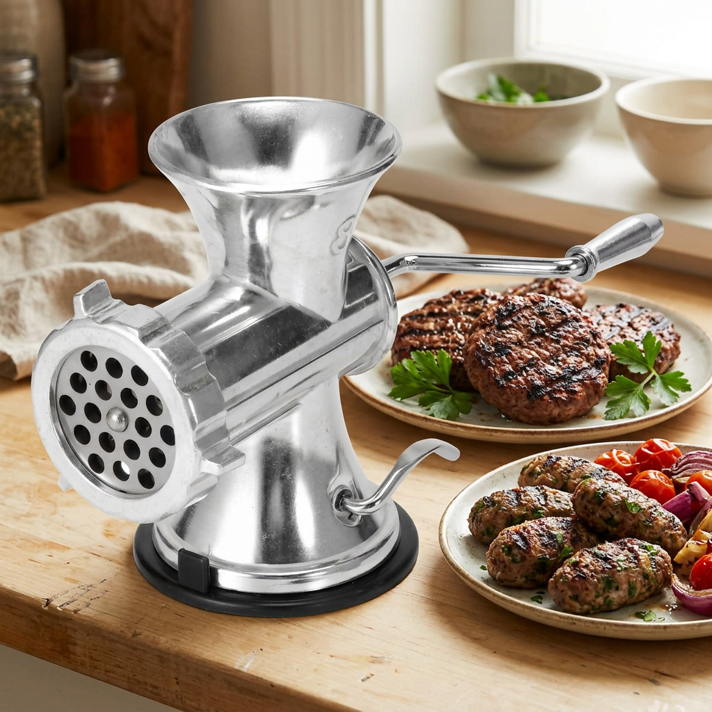 Hachoir à viande manuel aluminium à ventouse, en situation dans la cuisine