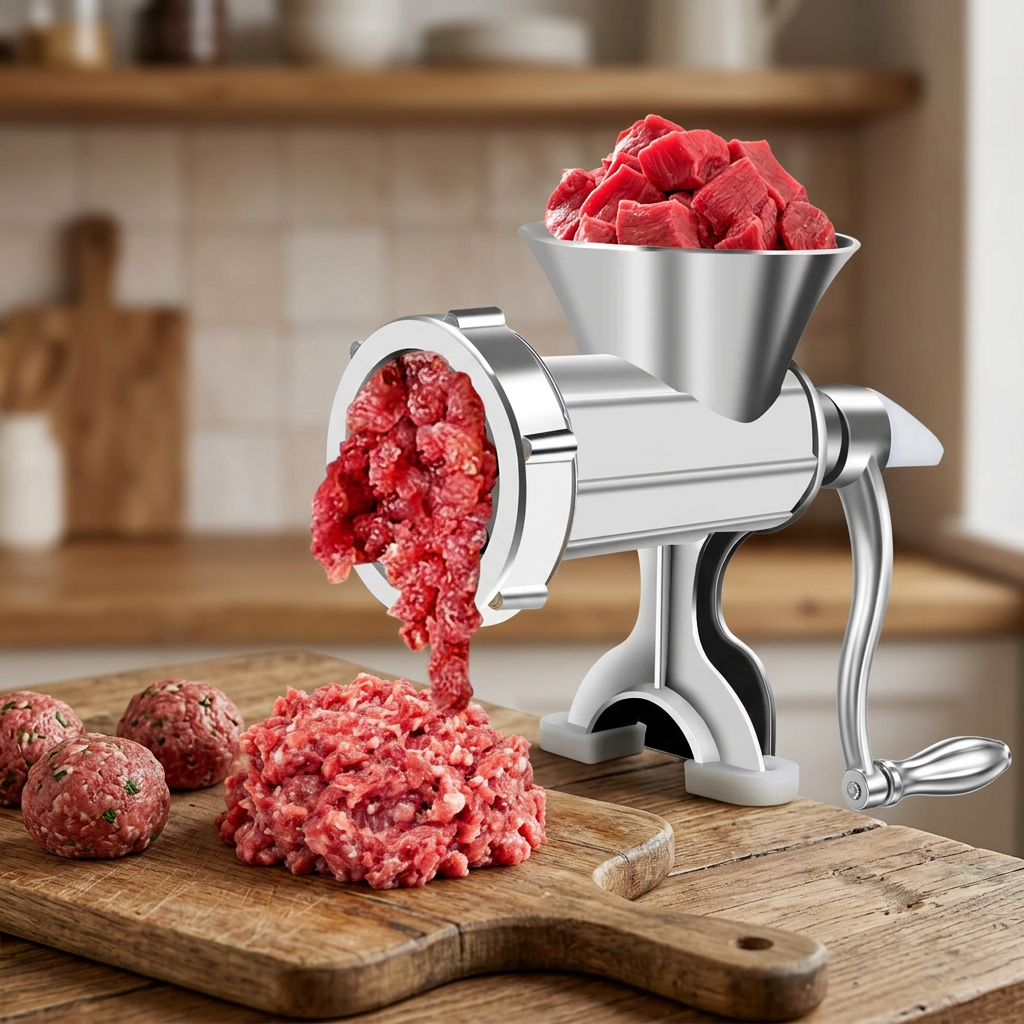 Hachoir à viande manuel aluminium, 3 embouts, résultat obtenu