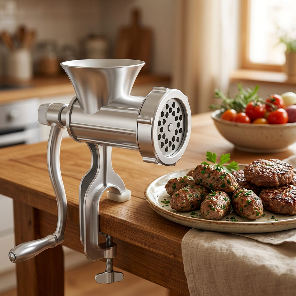 Hachoir à viande manuel aluminium, 3 embouts, en situation dans la cuisine