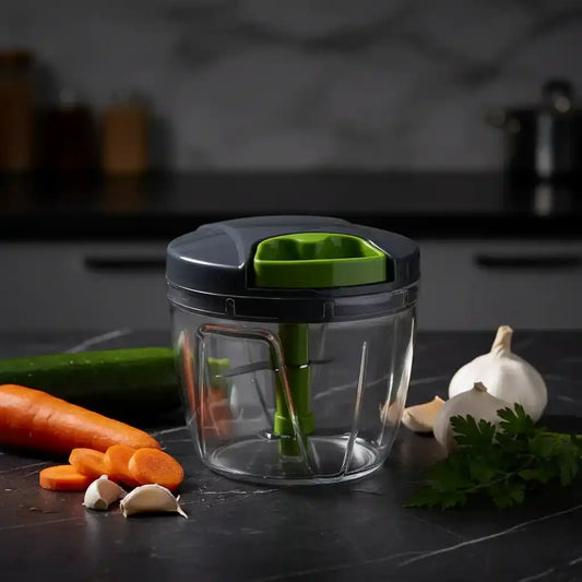 hachoir manuel à ficelle présenté dans une cuisine sombre en marbre entourée de légumes