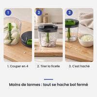 Comment utiliser le hachoir manuel à ficelle 1000 ml en 3 étapes : couper en 4, tirer la ficelle, c'est haché