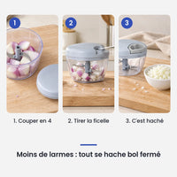 Comment utiliser le hachoir manuel à ficelle 500 ml bleu en 3 étapes : couper en 4, tirer la ficelle, c'est haché