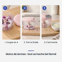 Comment utiliser le hachoir manuel à ficelle 500 ml rose en 3 étapes : couper en 4, tirer la ficelle, c'est haché