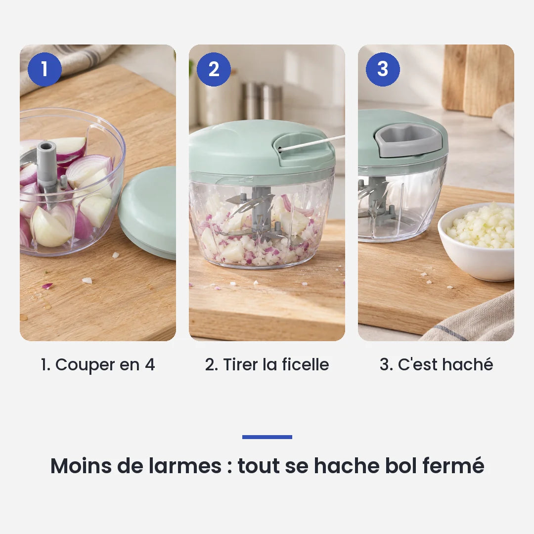 Comment utiliser le hachoir manuel à ficelle 500 ml vert en 3 étapes : couper en 4, tirer la ficelle, c'est haché