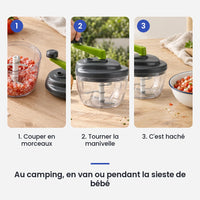 Comment utiliser le hachoir manuel à manivelle 520ml ail et légumes en 3 étapes : couper en morceaux, tourner la manivelle