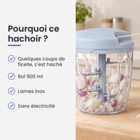Pourquoi choisir ce hachoir : quelques coups de ficelle, c'est haché, bol 900 ml, lames inox, sans électricité