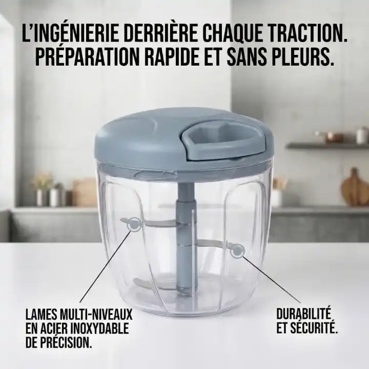 hachoir manuel à ficelle bleu durable et sécuritaire avec plusieurs lames multi-niveaux en acier inoxydable
