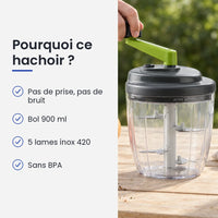 Pourquoi choisir ce hachoir : pas de prise, pas de bruit, bol 900 ml, 5 lames inox 420, sans BPA
