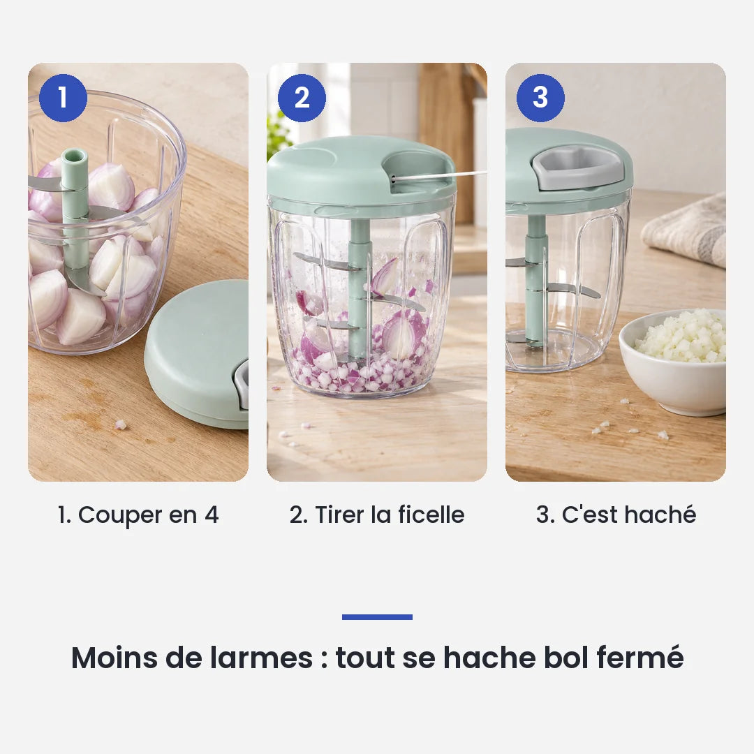 Comment utiliser le hachoir manuel à ficelle 900 ml vert en 3 étapes : couper en 4, tirer la ficelle, c'est haché