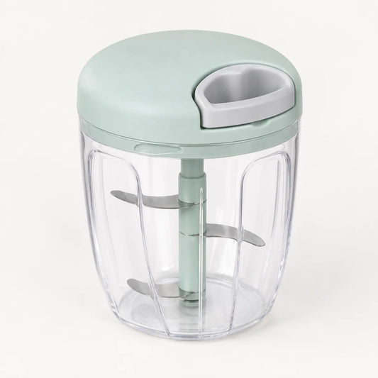 Hachoir manuel à ficelle 900 ml avec couvercle vert menthe, poignée grise et grand bol transparent, sur fond blanc cassé