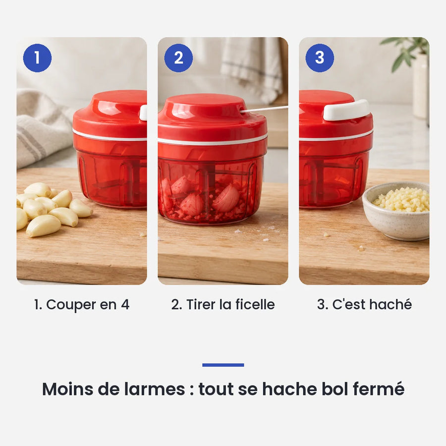 Comment utiliser le hachoir manuel à ficelle compact lames inox en 3 étapes : couper en 4, tirer la ficelle, c'est haché