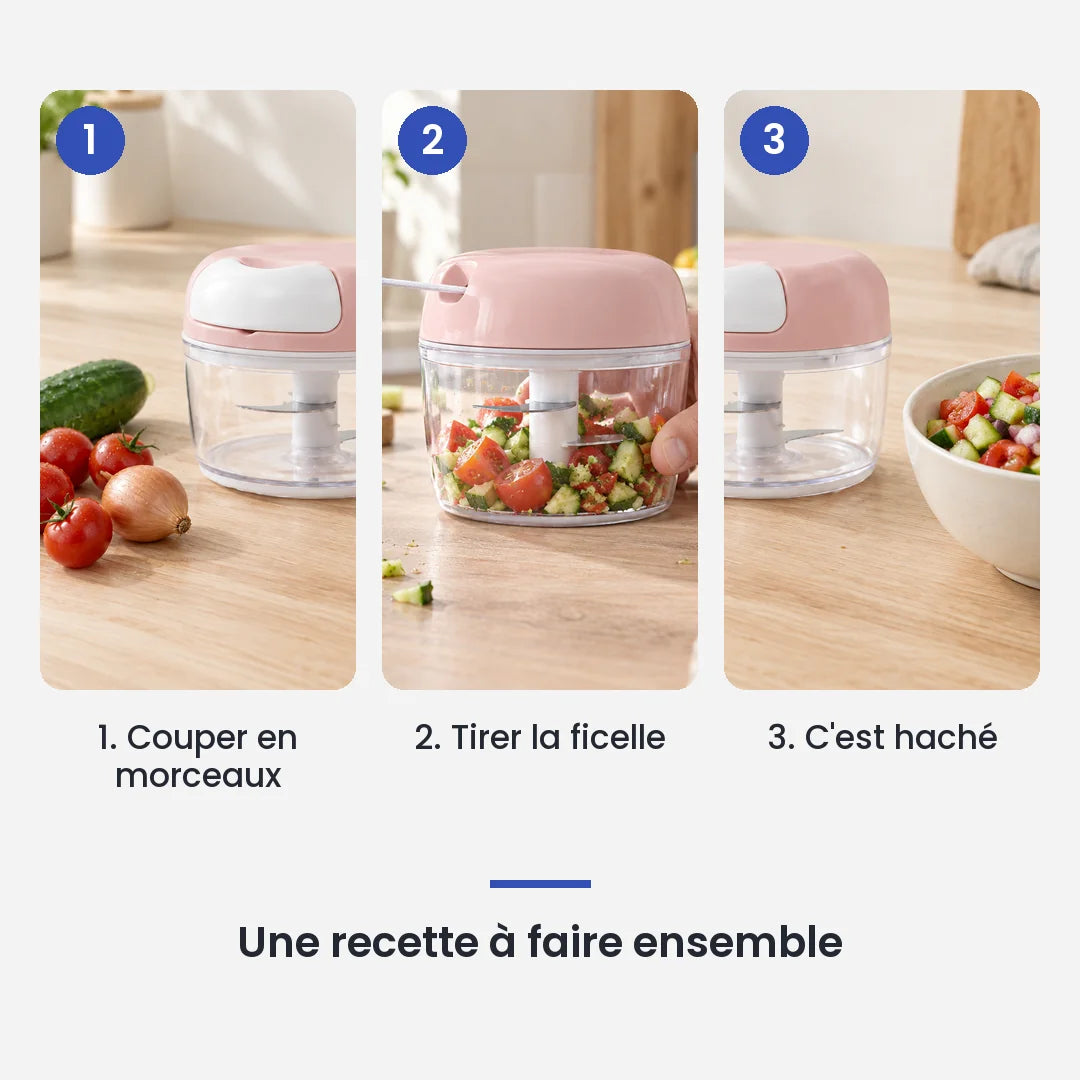 Comment utiliser le hachoir manuel à ficelle multifonction rose en 3 étapes : couper en morceaux, tirer la ficelle, c'est