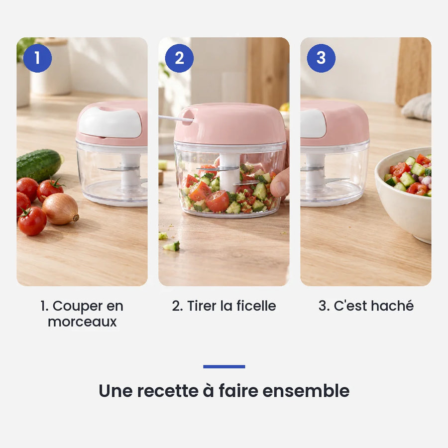 Comment utiliser le hachoir manuel à ficelle multifonction rose en 3 étapes : couper en morceaux, tirer la ficelle, c'est