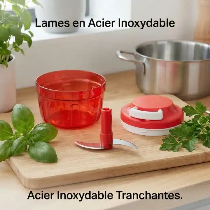 Hachoir manuel à ficelle compact lames inox pour ail — vue latérale
