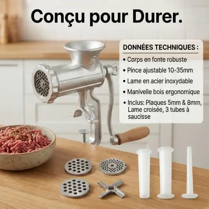 Hachoir manuel fonte taille 8 avec fixation table — vue latérale