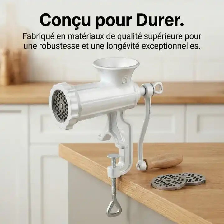 Hachoir manuel fonte taille 8 avec fixation table en action - Préparation culinaire rapide