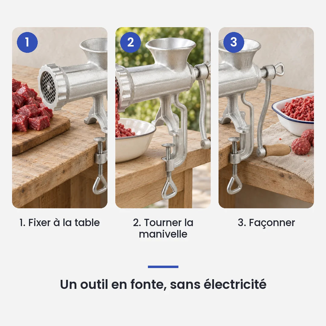 Comment utiliser le hachoir manuel fonte taille 8 en 3 étapes : fixer à la table, tourner la manivelle, façonner