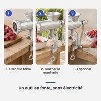Comment utiliser le hachoir manuel fonte taille 8 en 3 étapes : fixer à la table, tourner la manivelle, façonner