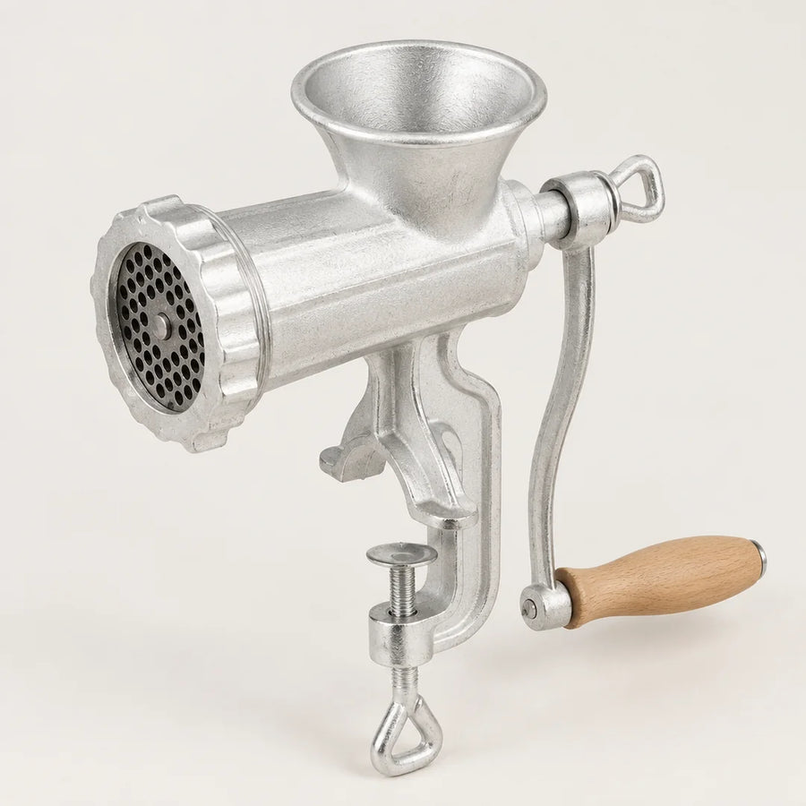 Hachoir manuel en fonte taille 8 avec pince de fixation et poignée en bois, vu en plongée sur fond blanc cassé