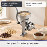 Avant/après avec le hachoir manuel à grains 500g en fonte : riz, avoine et café en grains, puis farine et café moulu